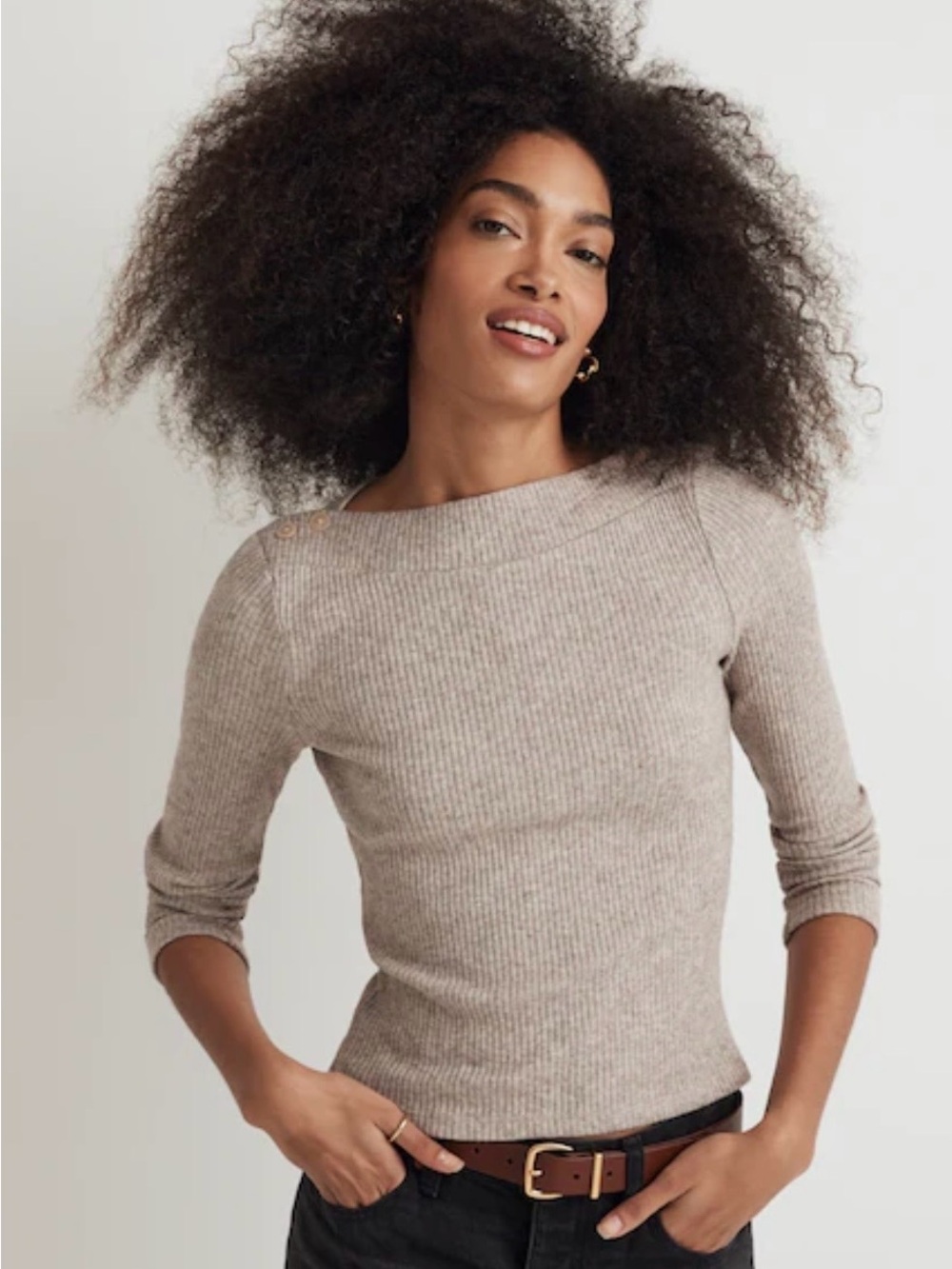 Madewell Boatneck Button Long-Sleeve Top Oatmeal Heather Super Soft M